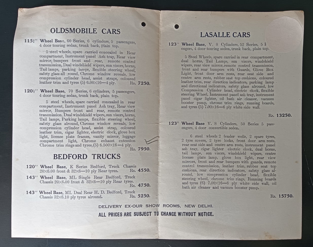 India 1940 Price List OLDSMOBILE, BEDFORD, LASALLE Cars & Trucks