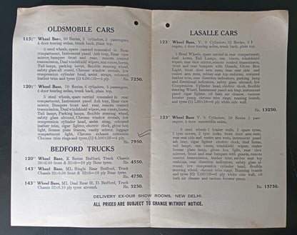 India 1940 Price List OLDSMOBILE, BEDFORD, LASALLE Cars & Trucks