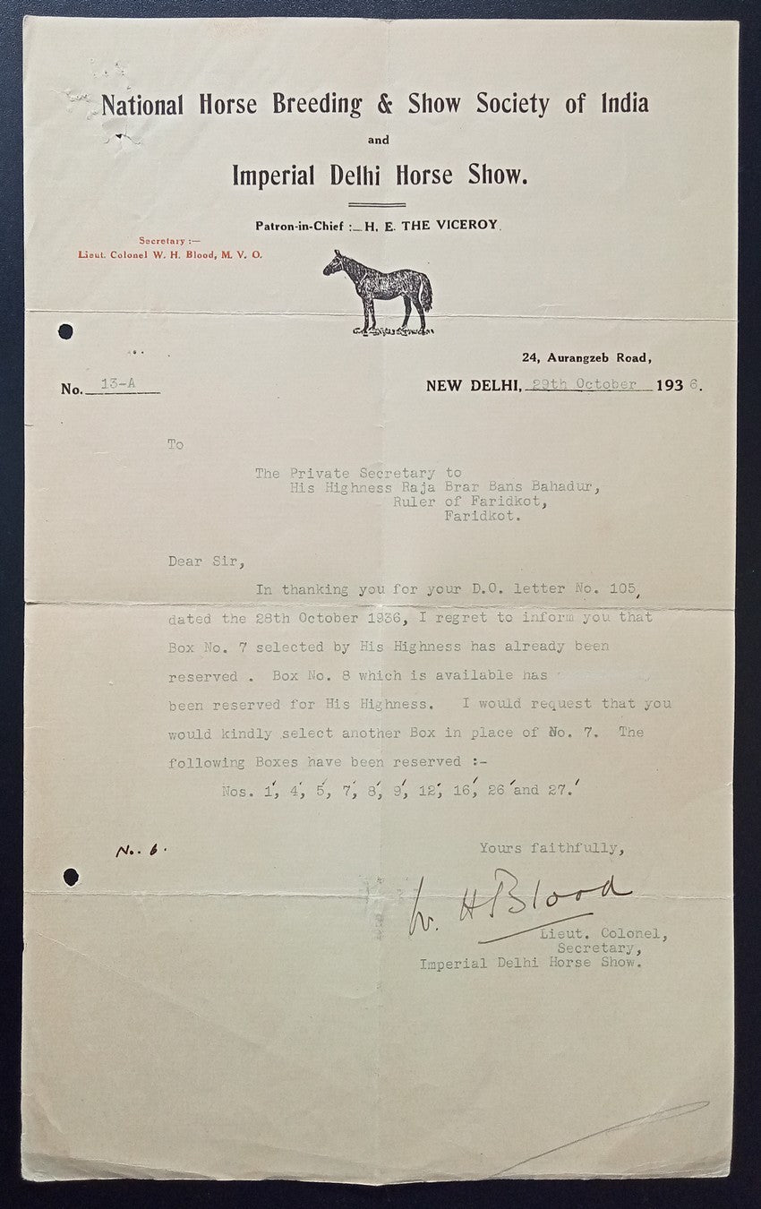 India 1936 Imperal Delhi Horse Show letterhead to Raja of Faridkot