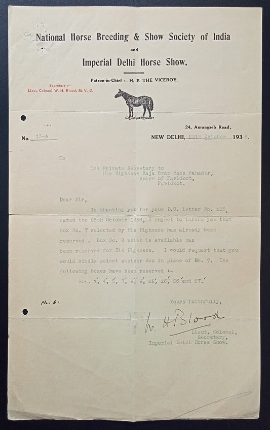 India 1936 Imperal Delhi Horse Show letterhead to Raja of Faridkot