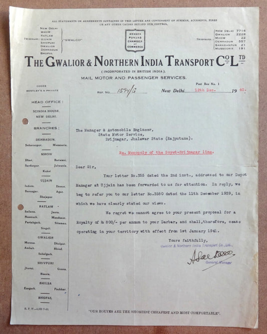 India 1940 The Gwalior & Northern India Transport mail motor services Letterhead