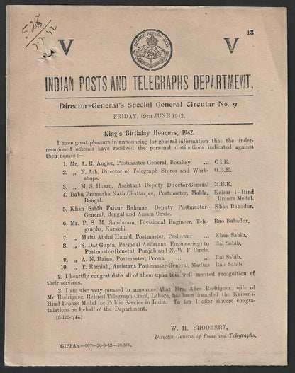 India POSTAL CIRCULAR No. 9 19th June 1942 King's Birthday Honours, 1942