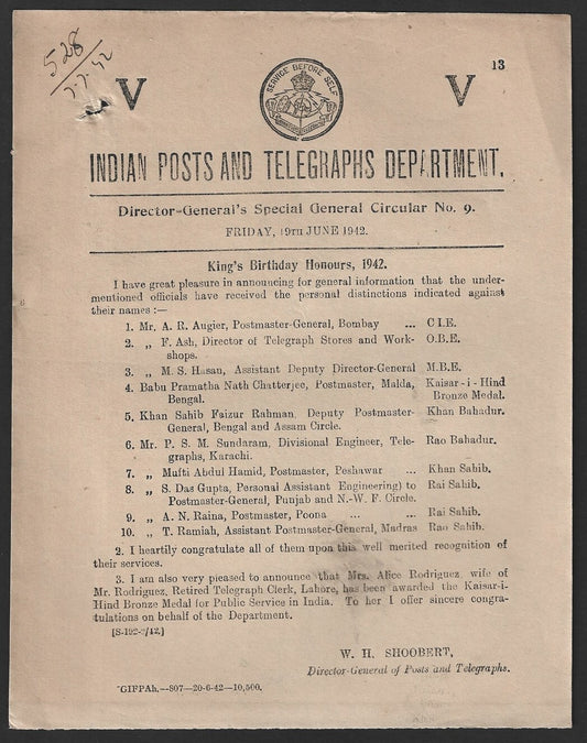 India POSTAL CIRCULAR No. 9 19th June 1942 King's Birthday Honours, 1942