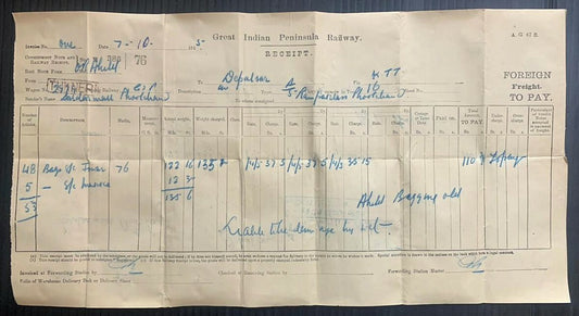 AOP 1915 Great India Peninsula Railway Receipt from Tukneri 