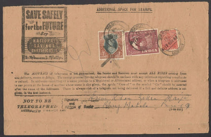 India 1949 Telegram with 1949 UPU 12a etc