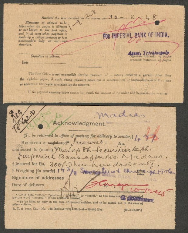 India 1945-48 postal receipts with framed & unframed Experimental S.O. 
