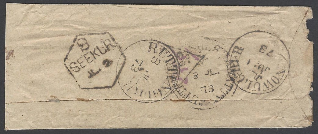 AOP India QV 1873 stampless cover - many postmarks