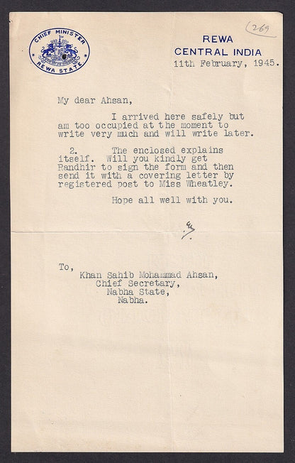 India REWA CENTRAL INDIA CHIEF MINISTER 1945 signed crested letter