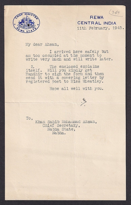 India REWA CENTRAL INDIA CHIEF MINISTER 1945 signed crested letter