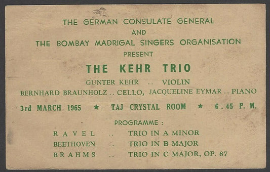 The Kehr Trio 1965 India performance advertisement