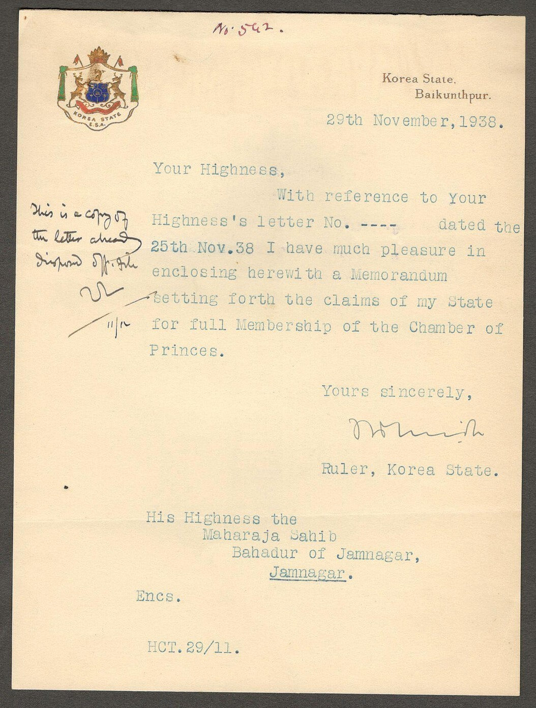 (AOP) KOREA STATE India 1938 crested letter signed Raja Ramanuj Pratap Singh Deo