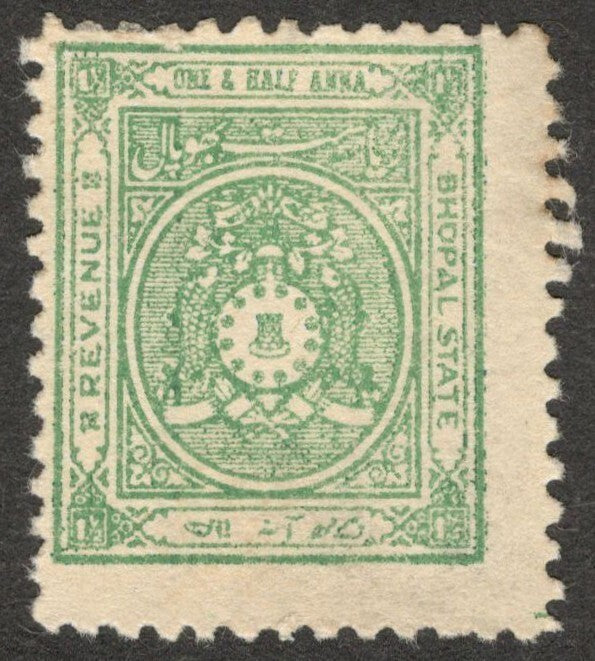 AOP India Bhopal State 11/2a green revenue stamp mint (no gum)