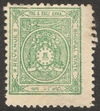 AOP India Bhopal State 11/2a green revenue stamp mint (no gum)