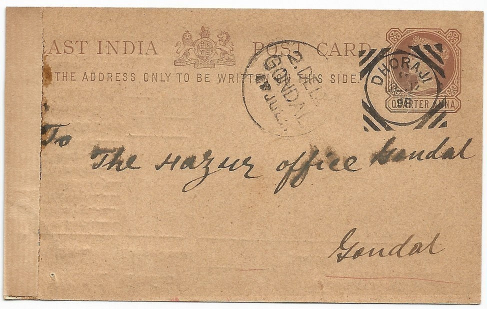 India QV postal card canc DHORAJI squared circle 1898