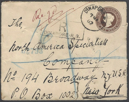 AOPIMT India QV 1a envelope to USA registered DINAPORE 1902 