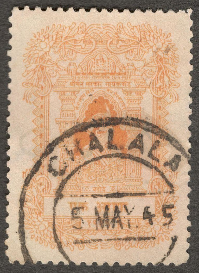 (AOP) India BARODA STATE revenue stamp CHALALA postal cancel