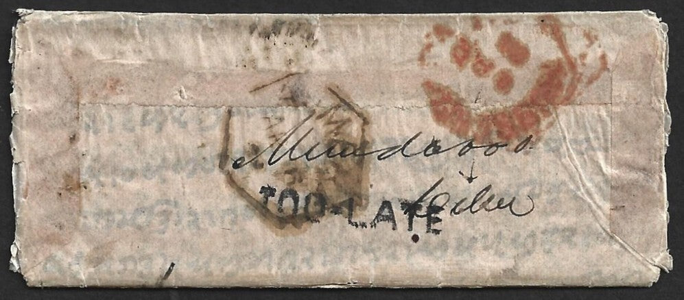 India 1891 cover atypical DETAINED LATE LETTER FEE NOT PAID with fancy borders