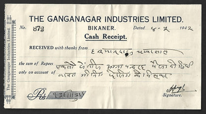 AOP India BIKANER STATE 1a receipt stamp on 1942 Cash Receipt