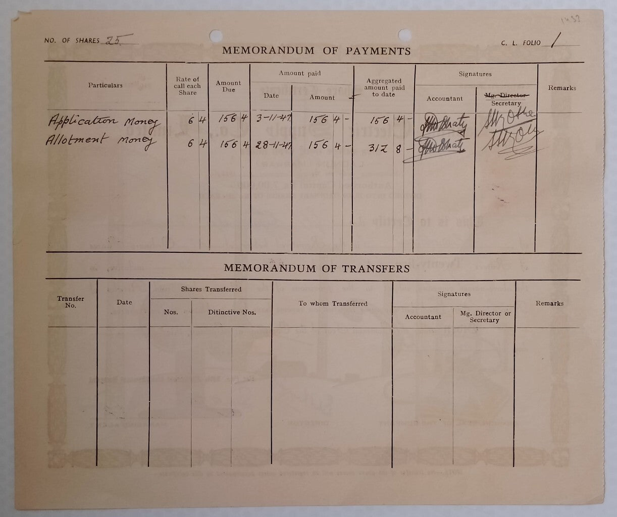 (AOP) India share certificate - 1948 LADNUM ELECTRIC SUPPLY CO. LTD.