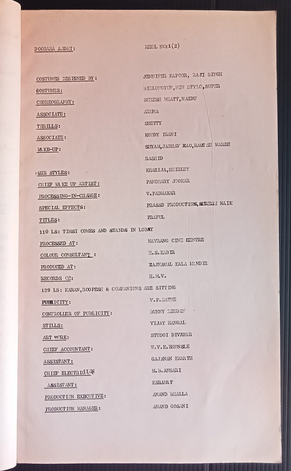 India Bollywood 1977 DOOSARA AADMI Rishi Kapoor post production script - 86pages