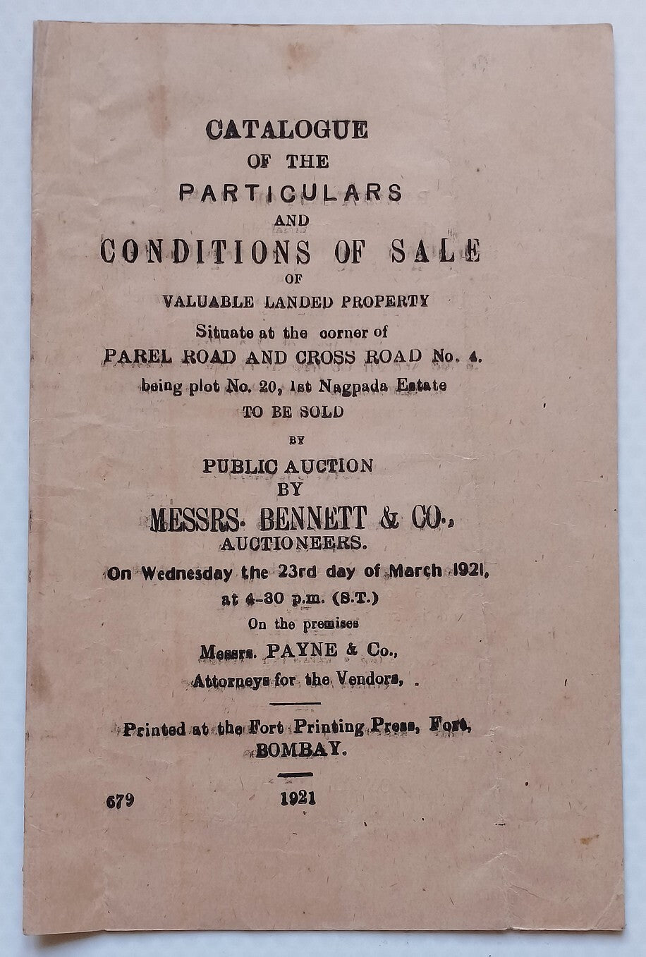 BOMBAY, India 1921 Nagpada Estate property Auction doc wi KGV revenue stamp