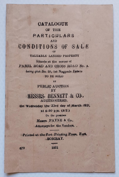 BOMBAY, India 1921 Nagpada Estate property Auction doc wi KGV revenue stamp