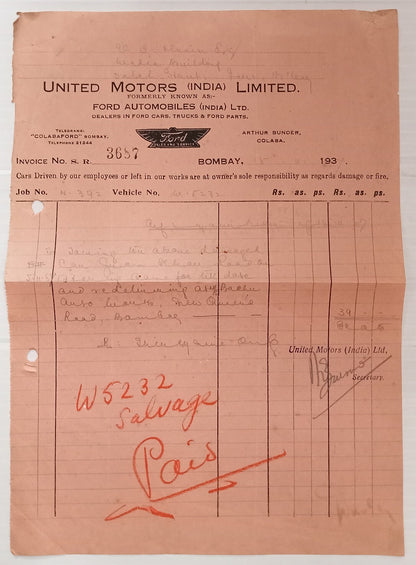 AOP India 1937 billhead FORD AUTOMOBILES (INDIA) LTD., Bombay