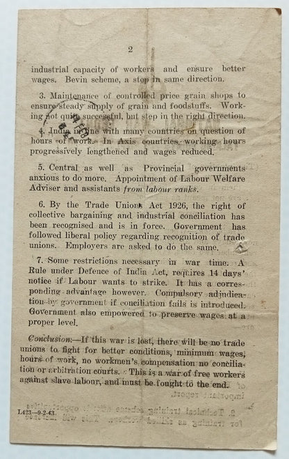 AOP WW2 National War Front leaflet THE WORKER IN INDIA
