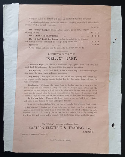 India 1940sTHE ORILUX Military Reading & Signalling Lamp advertisement leaflet