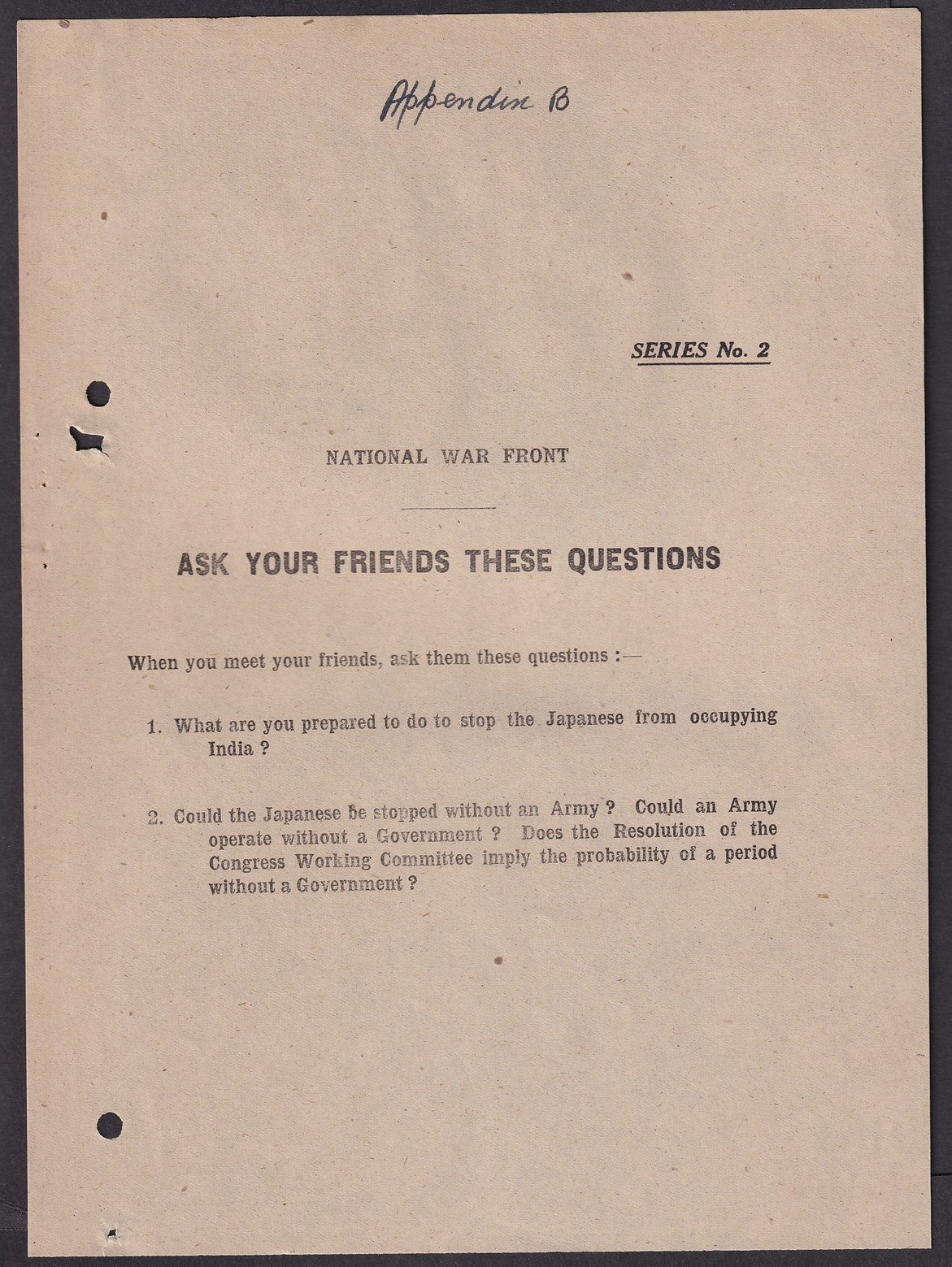 India World War 2 National War Front ANTI JAPAN propaganda sheet