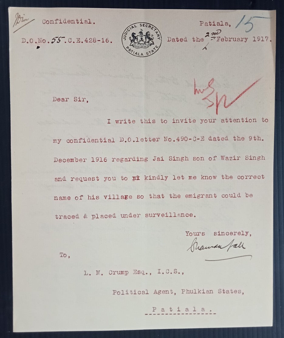 India 1917 JUDICIAL SECRETARY PATIALA STATE crested letter Emigrant Surveillance
