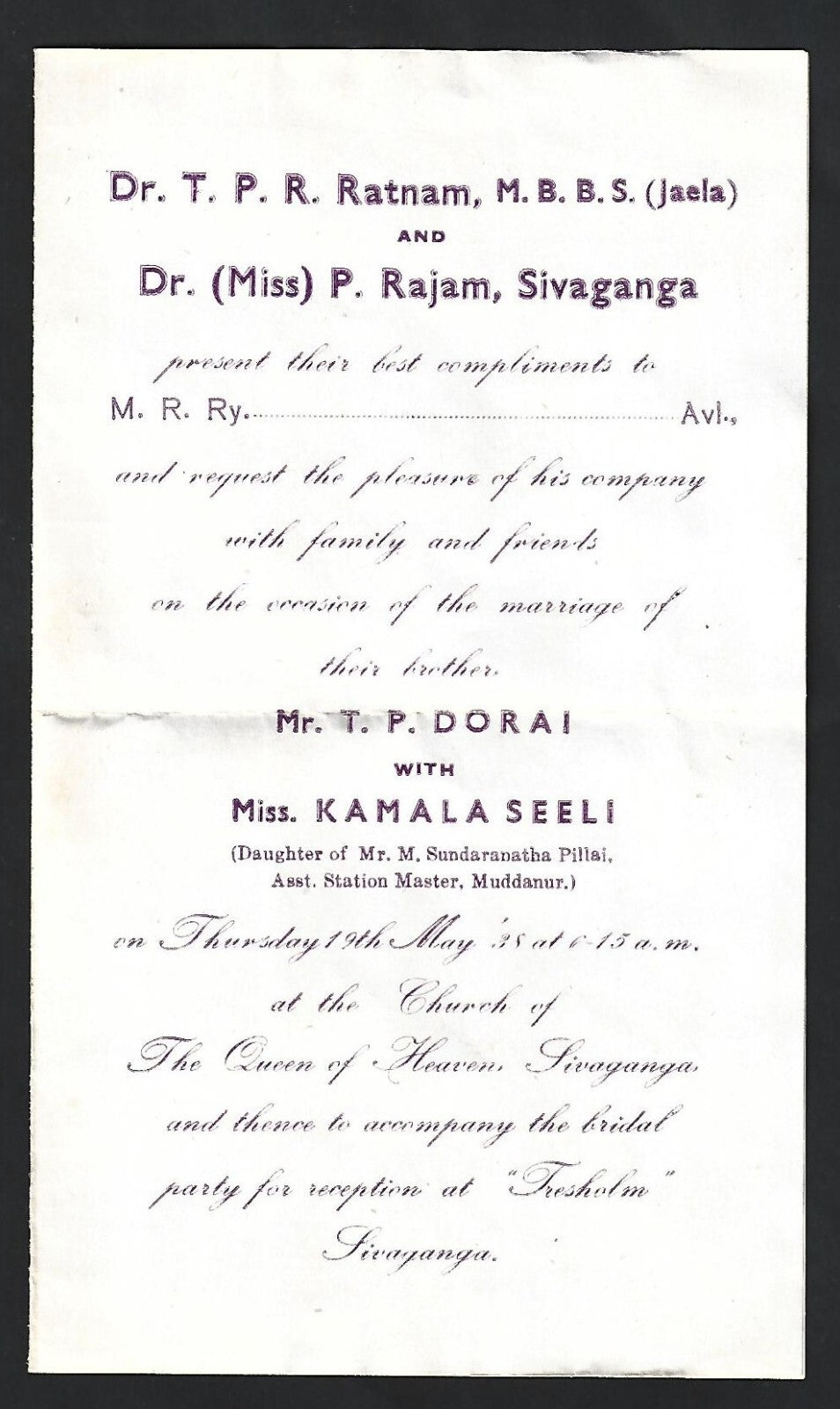 India 1938 Christian Marriage invitation