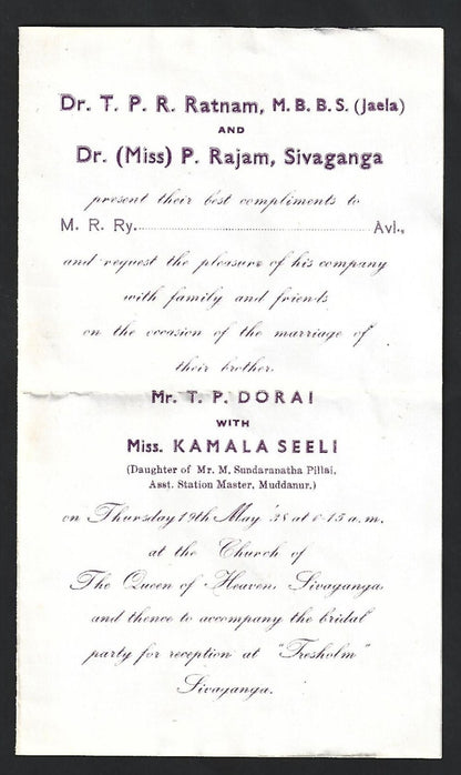 India 1938 Christian Marriage invitation