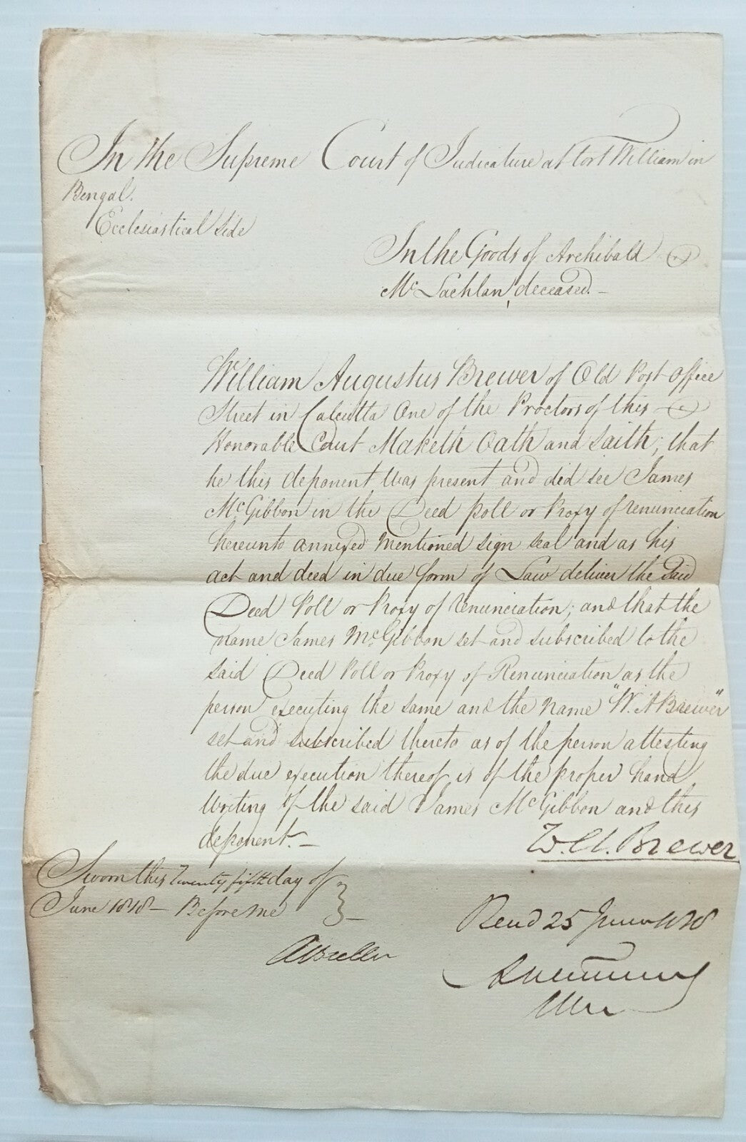 AOP India 1818 Supreme Court,  Fort Williams, Calcutta 2 page document