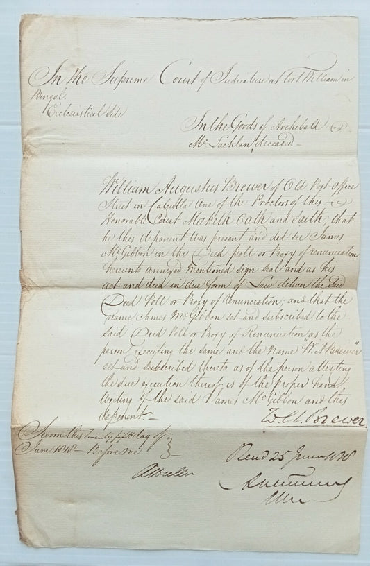 AOP India 1818 Supreme Court,  Fort Williams, Calcutta 2 page document