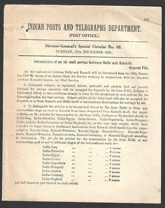 India 1929 DG'S POSTAL CIRCULAR Air Mail Service between Delhi & Karachi