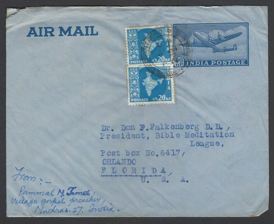 India 90np airmail envelope uprated 20np Maps x 2 to USA Re1.30 rate 