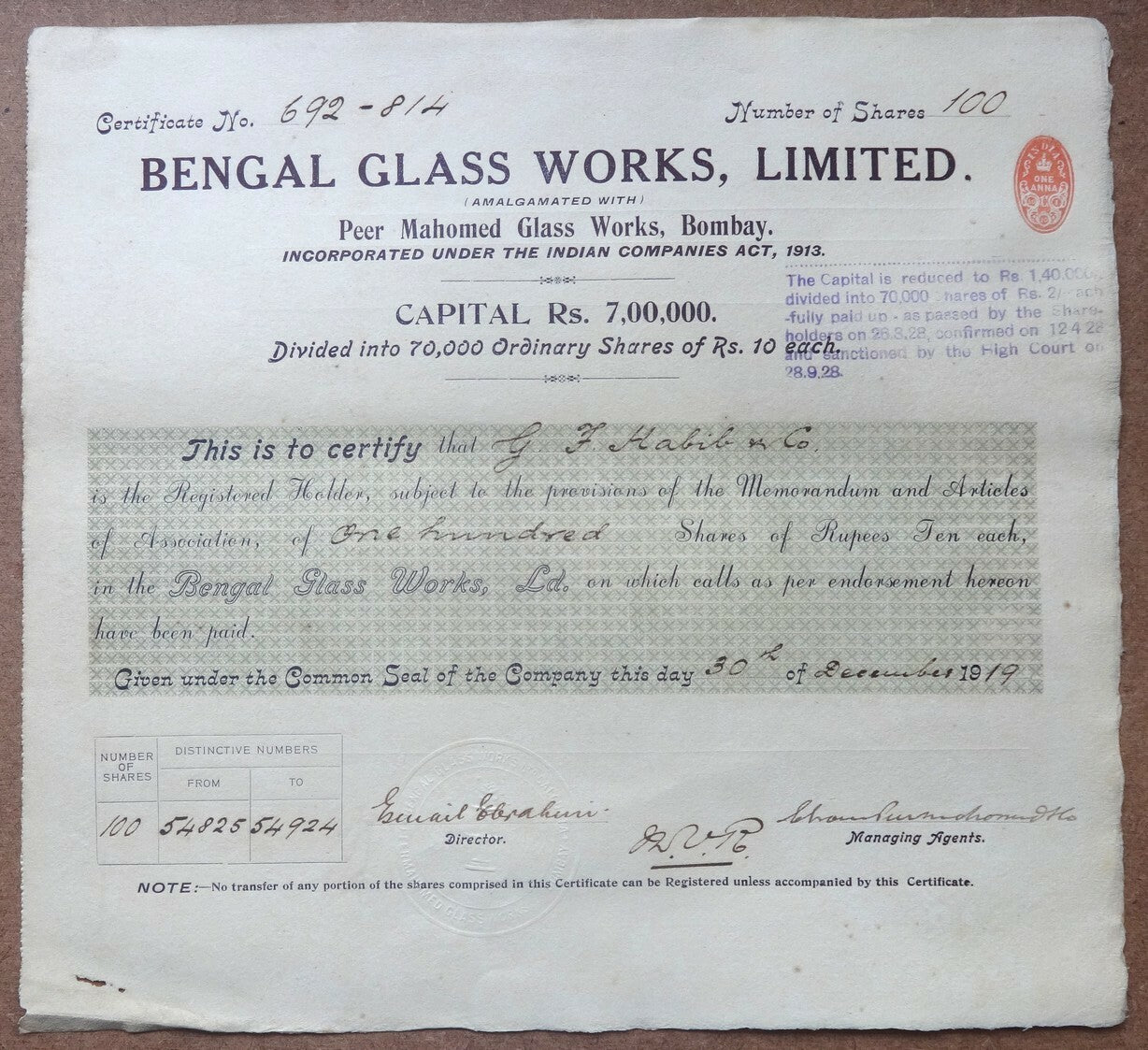 India 1919 BENGAL GLASS WORKS LIMITED share certificate