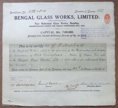 India 1919 BENGAL GLASS WORKS LIMITED share certificate