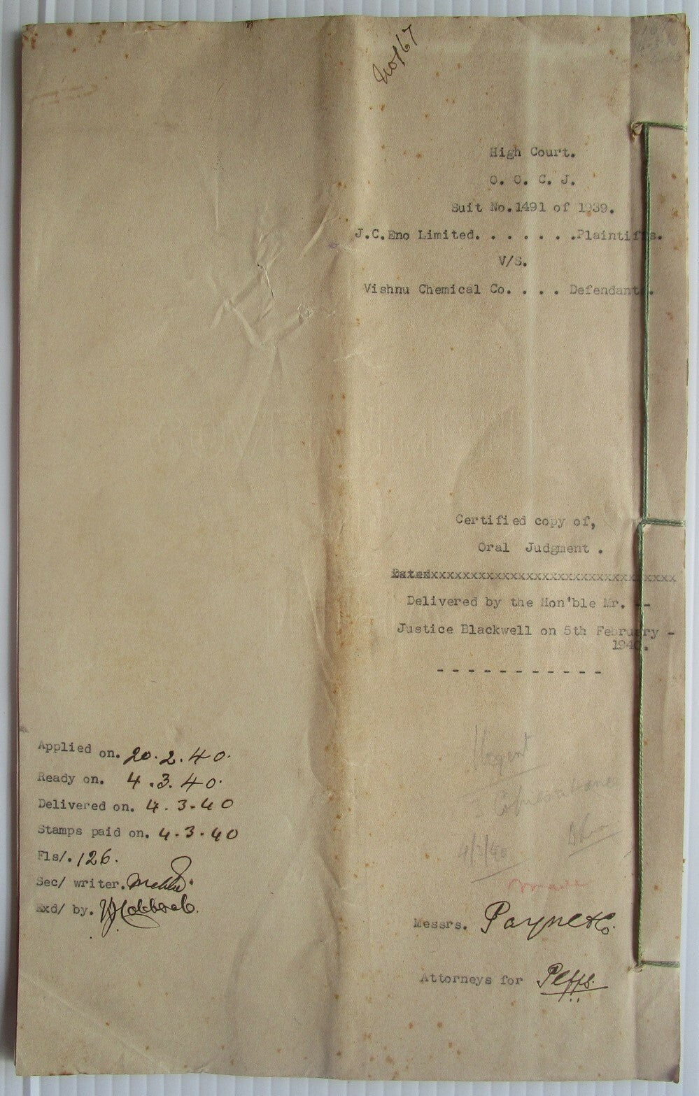 India 1940 31pg doc Eno Fruit Salts vs impositor KGV Court Fees 20R (3), 5R