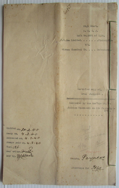 India 1940 31pg doc Eno Fruit Salts vs impositor KGV Court Fees 20R (3), 5R