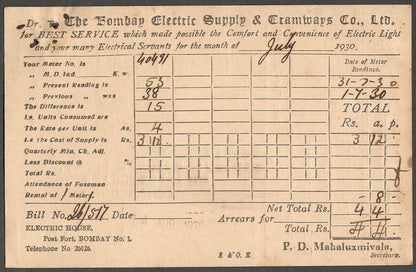 AOP India BES&T Bombay Electricity & Transport advertisement postcard 1930