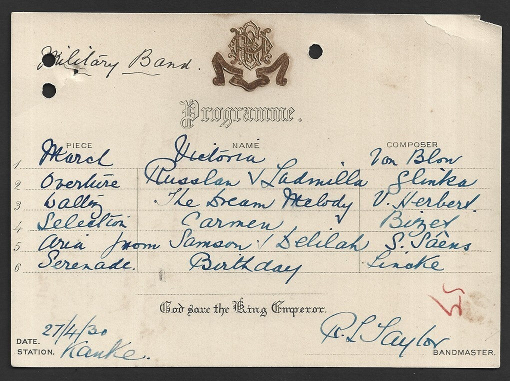 India 1930 crested Military Band Programme Kanker, Bastar