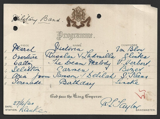 India 1930 crested Military Band Programme Kanker, Bastar