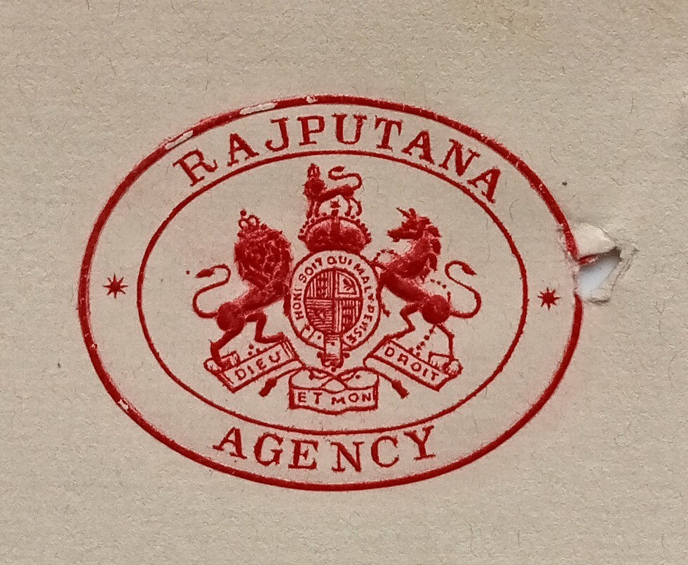 (AOP) India RAJPUTANA AGENCY crested letterhead used 1926