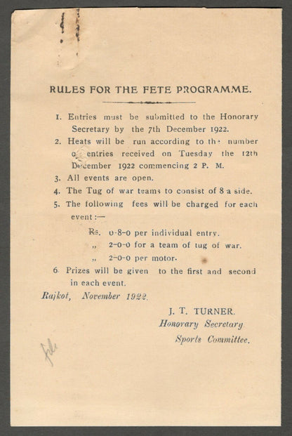 AOP India 1922 Red Cross Fete, Rajkot programme