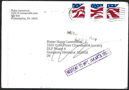 MISSENT TO JAKARTA Indonesia boxed hs on US cover to India