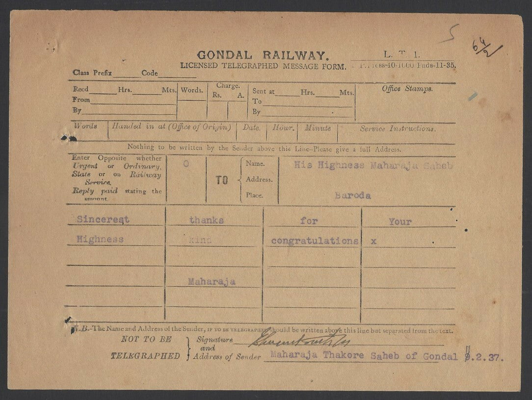 India Maharaja Gaekwad Baroda KCIE congrats telegram from Cairo & signed reply