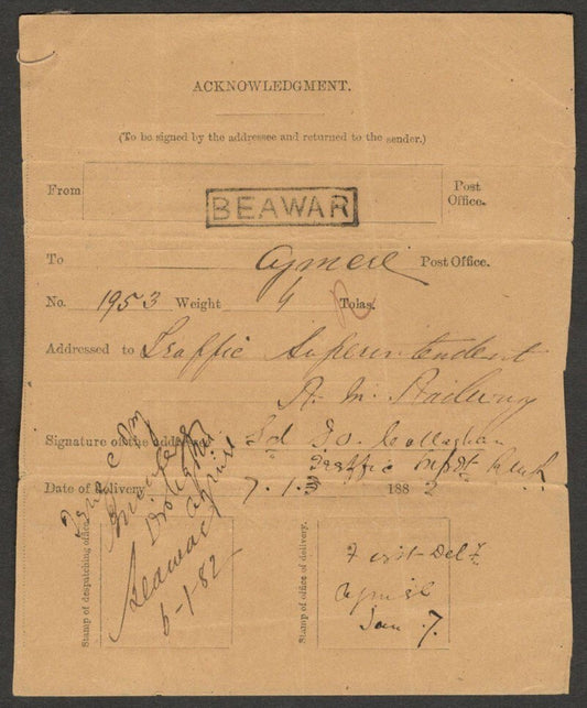 AOP India On Postal Service AR flimsy 1882 with ms details in place of postmarks