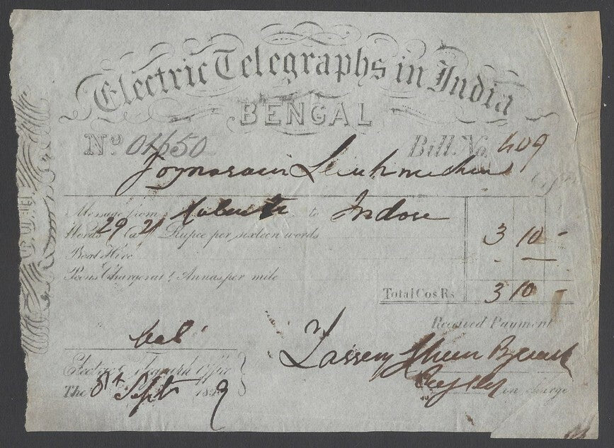 AOPIMT India ELECTRIC TELEGRAPHS IN INDIA, BENGAL 1859 receipt
